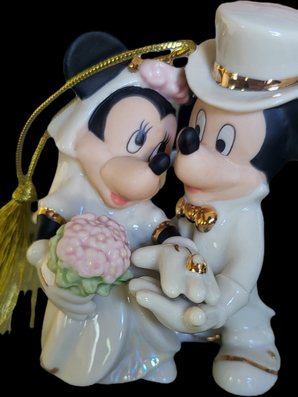 Disney White and Black Mickey & Minnie Wedding Ornament with Pink Bouquet